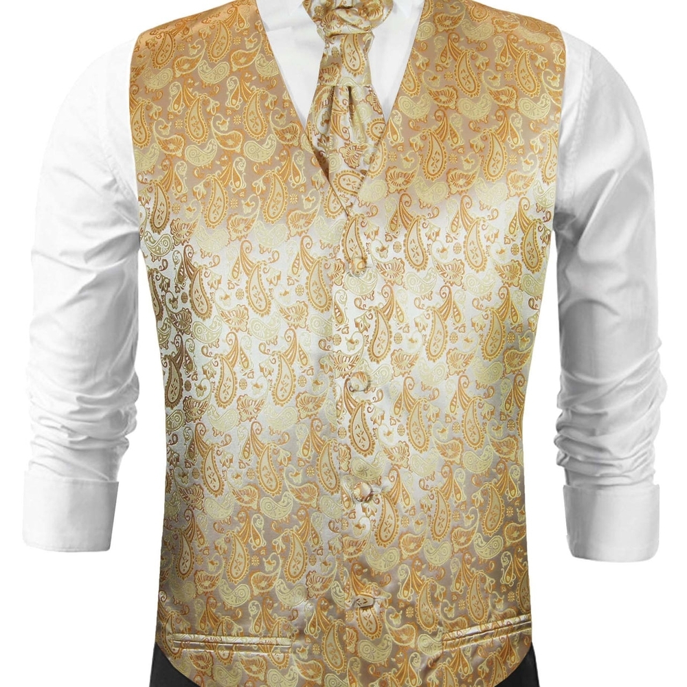 New Paul Malone Gold Paisley Tuxedo Vest Set. 3 Pc